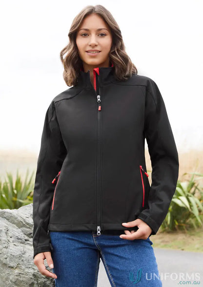 Ladies Geneva softshell jacket with black and red accents from women’s Biz Collection