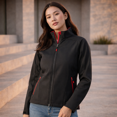 Ladies Gainsford softshell jacket in black with red zipper accents
