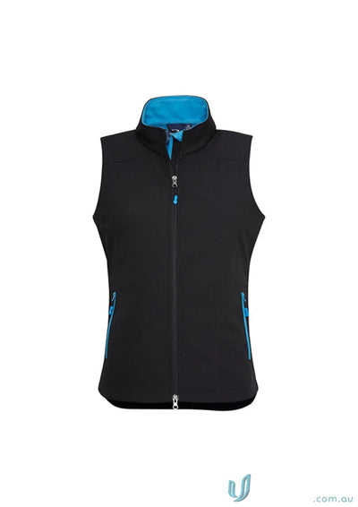 Black and blue sleeveless vest from Ladies Geneva Softshell Vest collection women’s geneva j404l