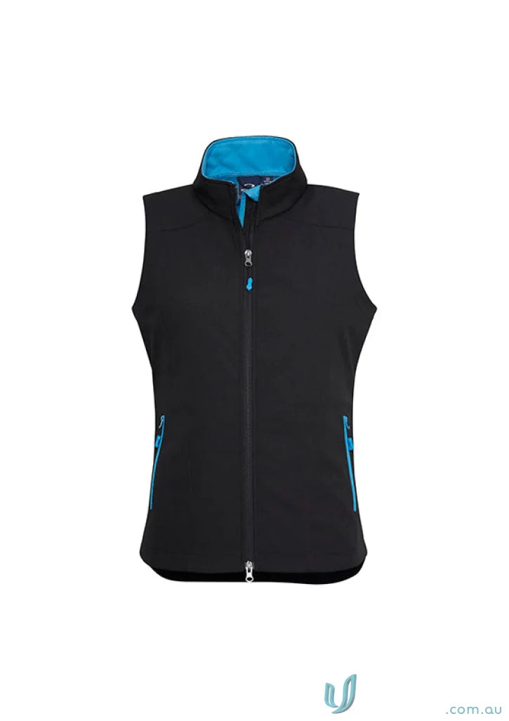Black and blue sleeveless vest from Ladies Geneva Softshell Vest collection women’s geneva j404l