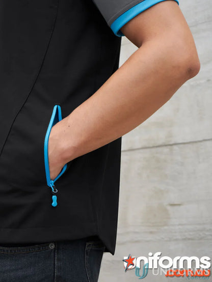 Black and gray polo shirt with blue trim from women’s Geneva vest collection, vest J404L