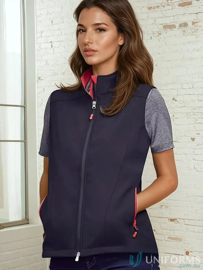 Ladies Gainsford Softshell Vest from Women’s Geneva collection with pink accents