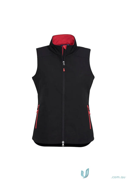 Ladies Geneva Softshell Vest with sleeveless black design and red lining for women