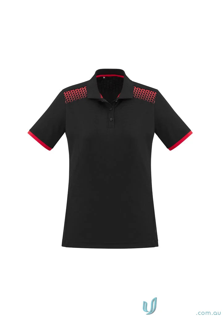 Ladies Galaxy Polo with black and red accents, perfect blend of style and comfort
