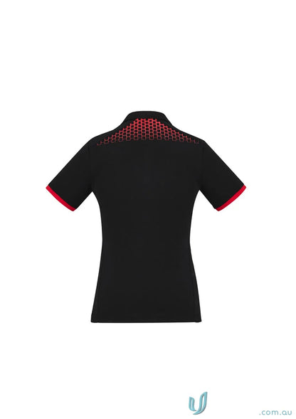 Ladies Galaxy Polo featuring a black galaxy short sleeve polo with red accents, perfect blend