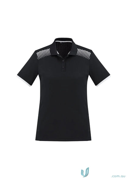 Ladies Galaxy polo with black color and mesh shoulder detail, perfect blend style