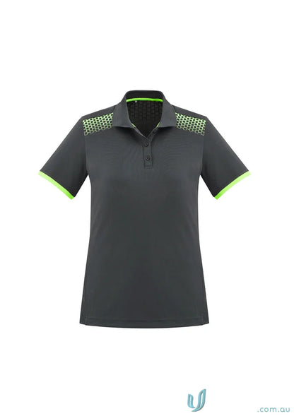 Ladies Galaxy galaxy short sleeve polo with neon green accents, perfect blend of style and comfort