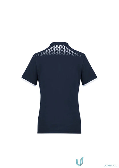 Ladies Galaxy galaxy short sleeve polo in navy blue with white trim and mesh back