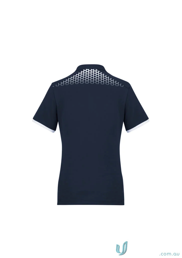 Ladies Galaxy galaxy short sleeve polo in navy blue with white trim and mesh back