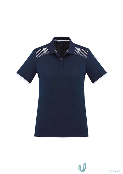 Ladies Galaxy polo shirt in navy blue with white trim, perfect blend for galaxy short sleeve polo fans