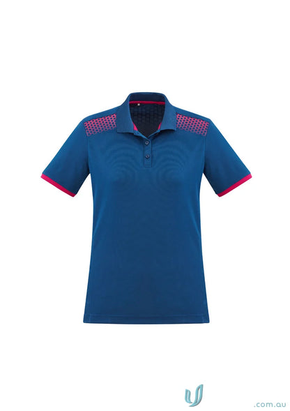 Ladies Galaxy galaxy short sleeve polo featuring a blue polo shirt with pink accents