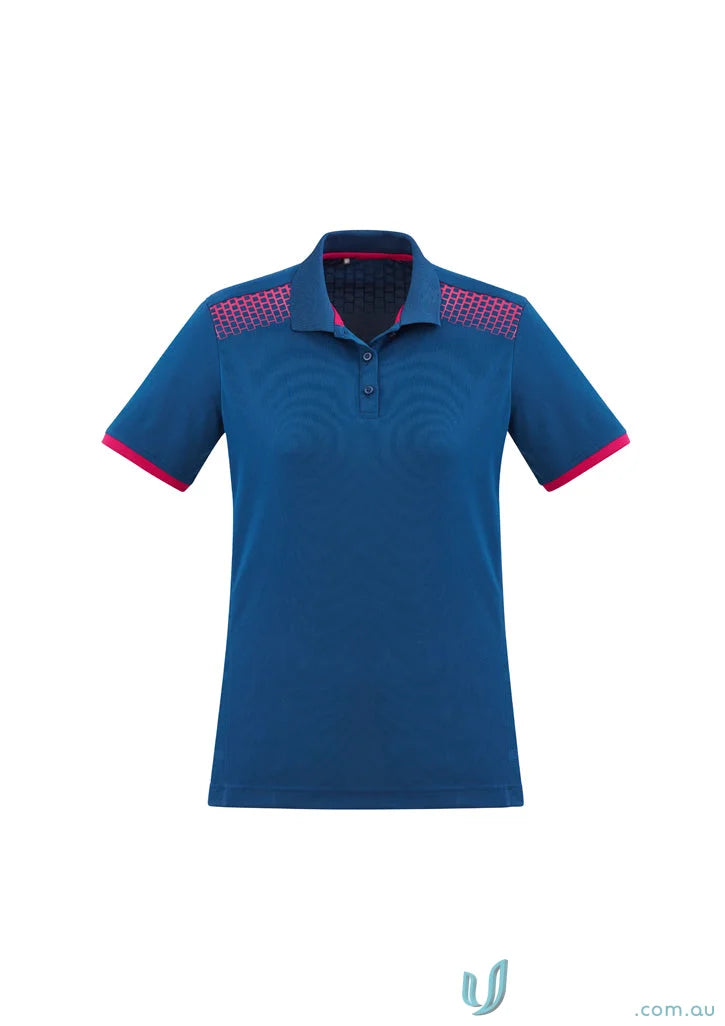 Ladies Galaxy galaxy short sleeve polo featuring a blue polo shirt with pink accents