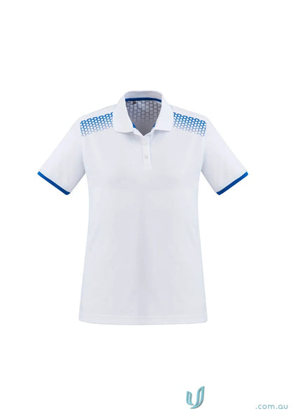 Ladies Galaxy Polo featuring a white galaxy short sleeve polo with blue accents for the perfect blend