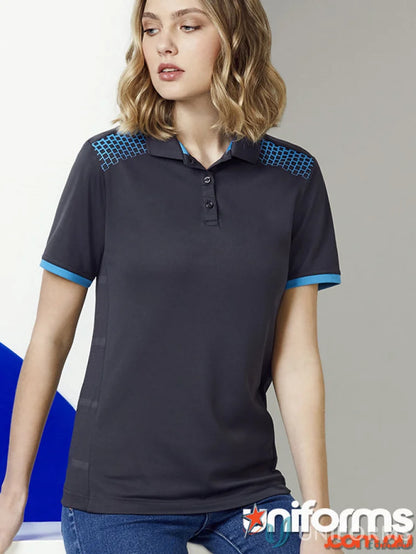 Ladies Galaxy short sleeve polo in gray with blue trim, perfect blend of style and comfort