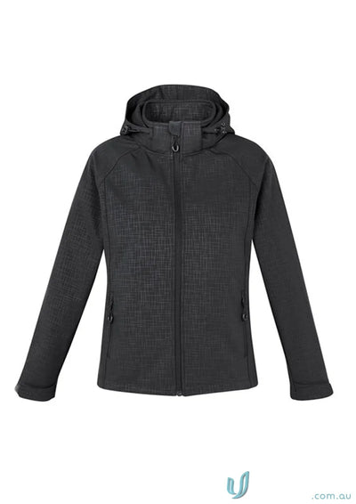 Black women’s geo jacket with subtle grid pattern and hood from Biz Collection Women’s