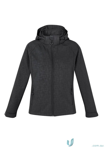 Black women’s geo jacket with subtle grid pattern and hood from Biz Collection Women’s