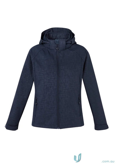 Women’s geo jacket navy blue softshell with textured pattern and zip pockets