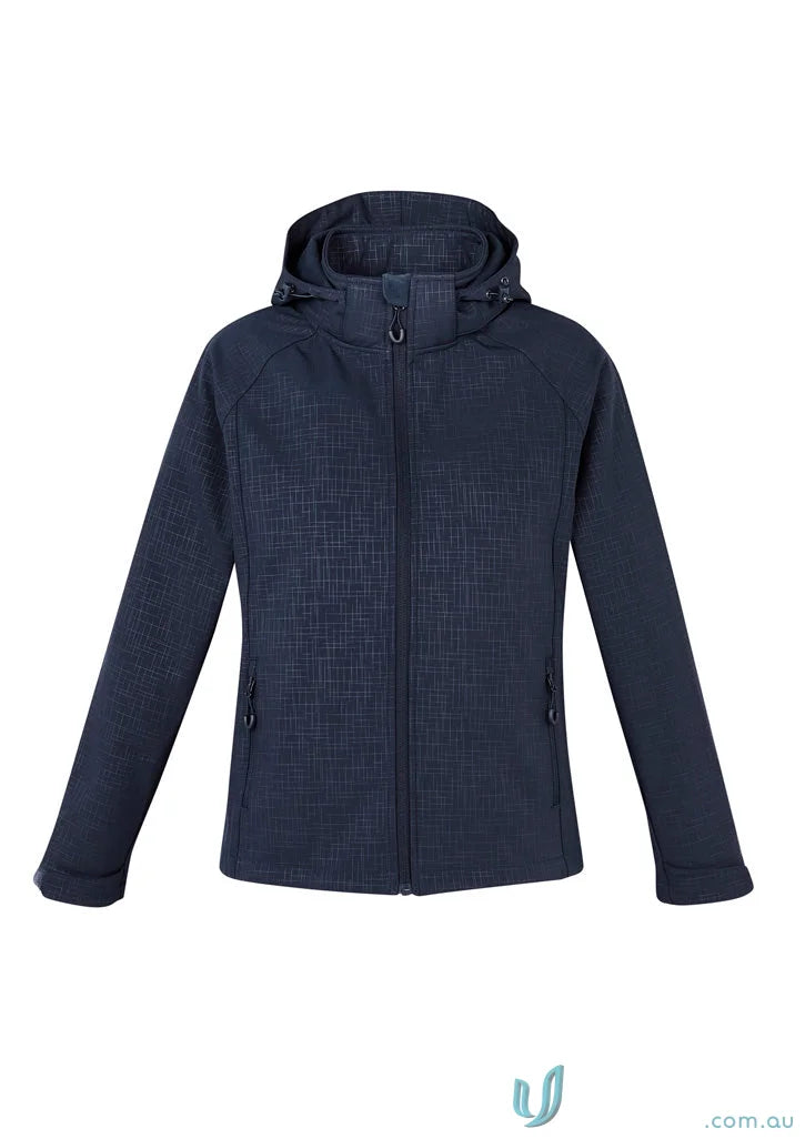 Women’s geo jacket navy blue softshell with textured pattern and zip pockets