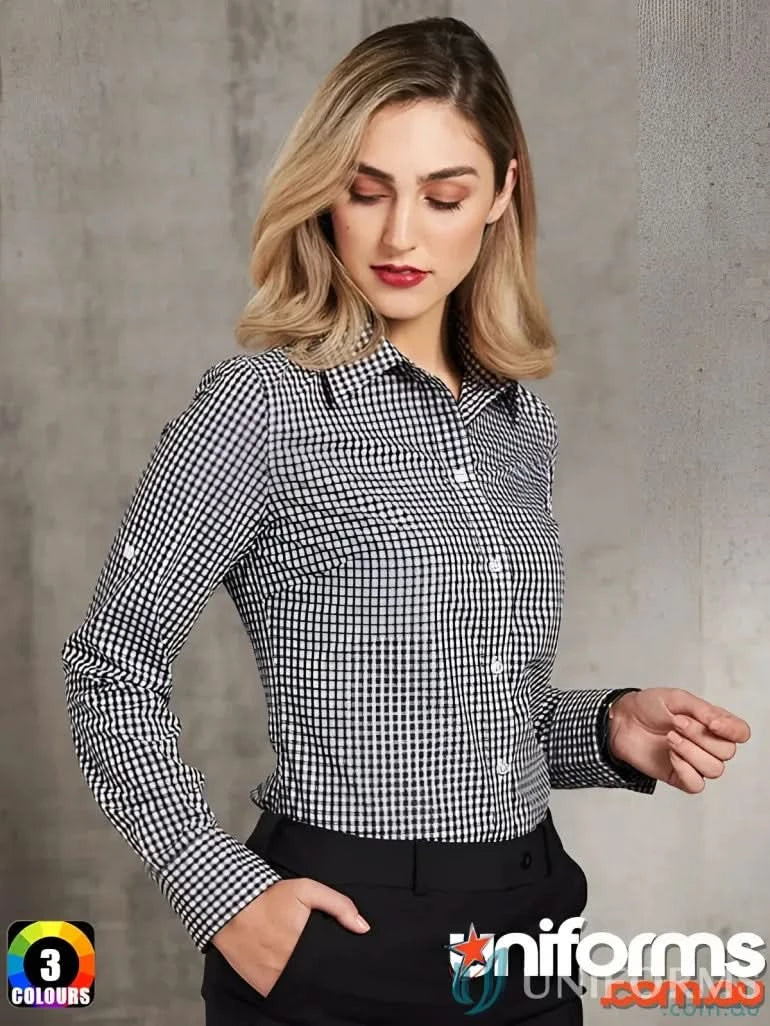 Winning Spirit Ladies Gingham Check Roll-Up Sleeve Tab Button-Down Shirt