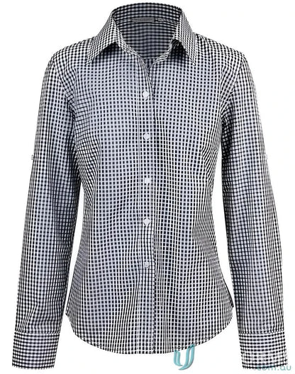 Winning Spirit Ladies Gingham Check Roll-Up Sleeve Tab Shirt in Black and White