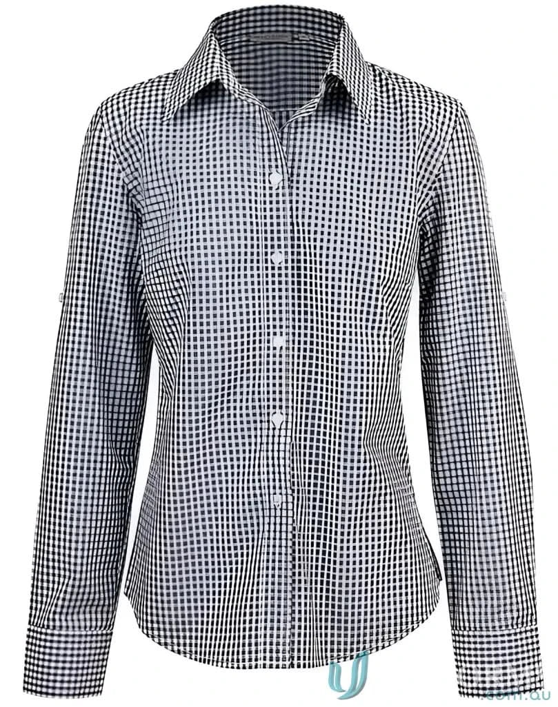 Winning Spirit Ladies Gingham Check Roll-Up Sleeve Tab Shirt in Black and White