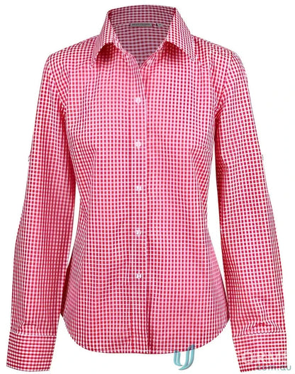 Winning Spirit Ladies Gingham Check Roll-Up Sleeve Tab Shirt in red and white
