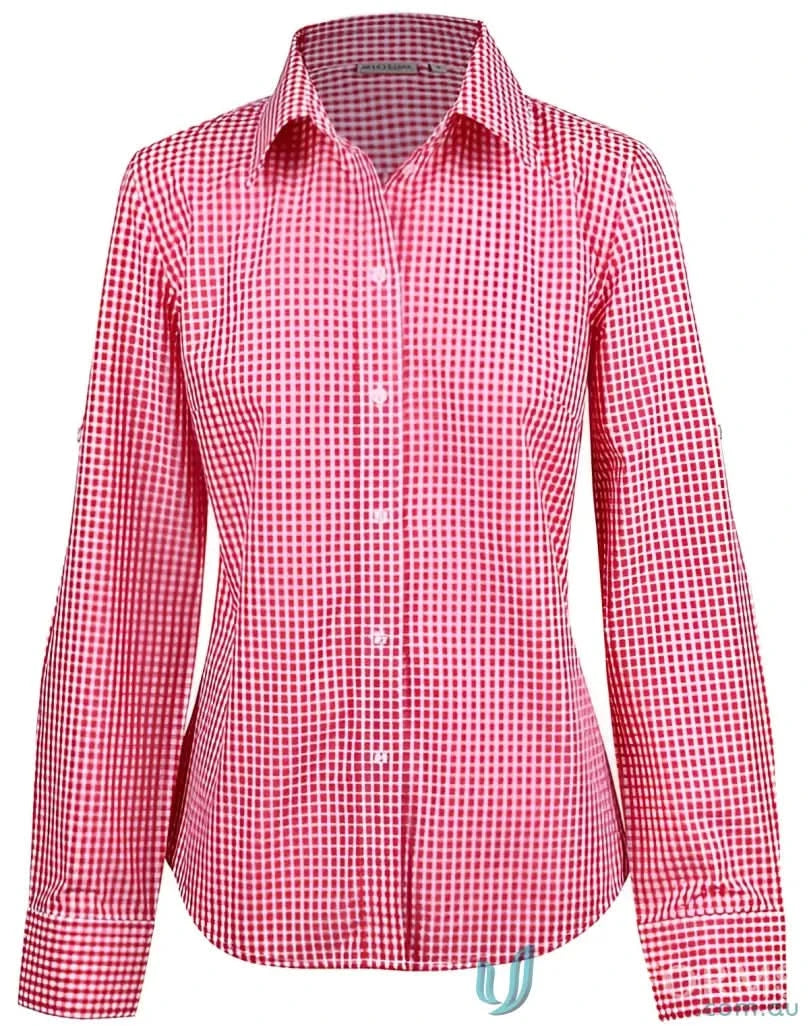 Winning Spirit Ladies Gingham Check Roll-Up Sleeve Tab Shirt in red and white