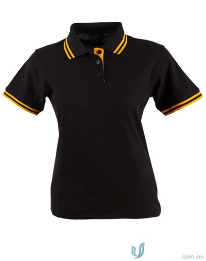 Ladies Grace Polo black with gold trim in truedry pique short sleeve polo style