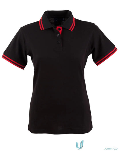 Ladies Grace Polo black polo shirt with red trim, made from Truedry Pique short sleeve fabric