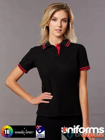 Ladies Grace Polo black polo shirt with red trim, truedry pique short sleeve style