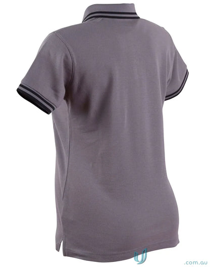 Ladies Grace Polo in gray with striped collar and sleeves, made with truedry pique short sleeve fabric