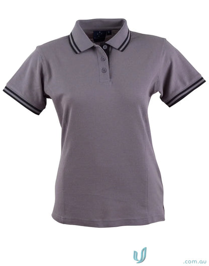 Ladies Grace Polo in gray with striped trim, made from Truedry Pique Short Sleeve Polo fabric