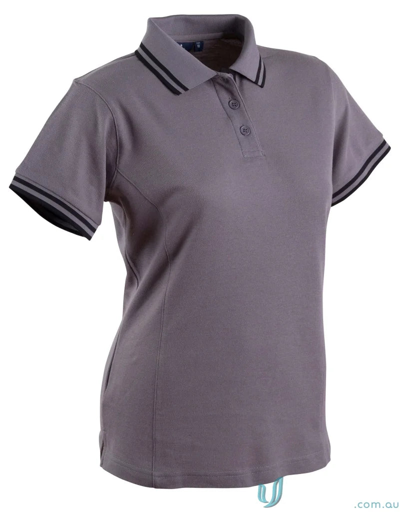 Ladies Grace Polo gray pique short sleeve polo with striped trim for trendy style