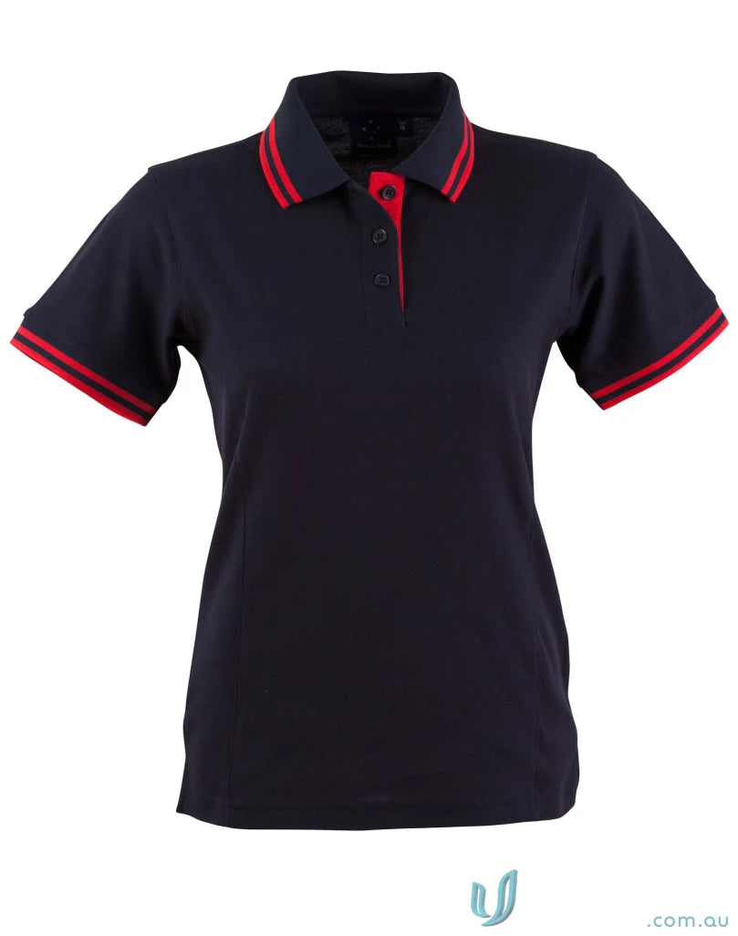 Ladies Grace Polo navy polo shirt with red trim showcasing truedry pique short sleeve fabric