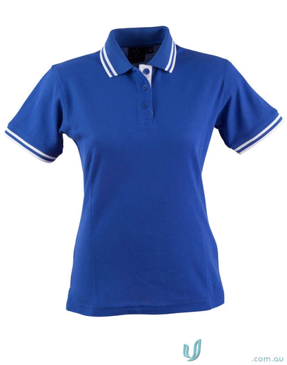 Ladies Grace Polo blue pique short sleeve polo with white trim for casual style