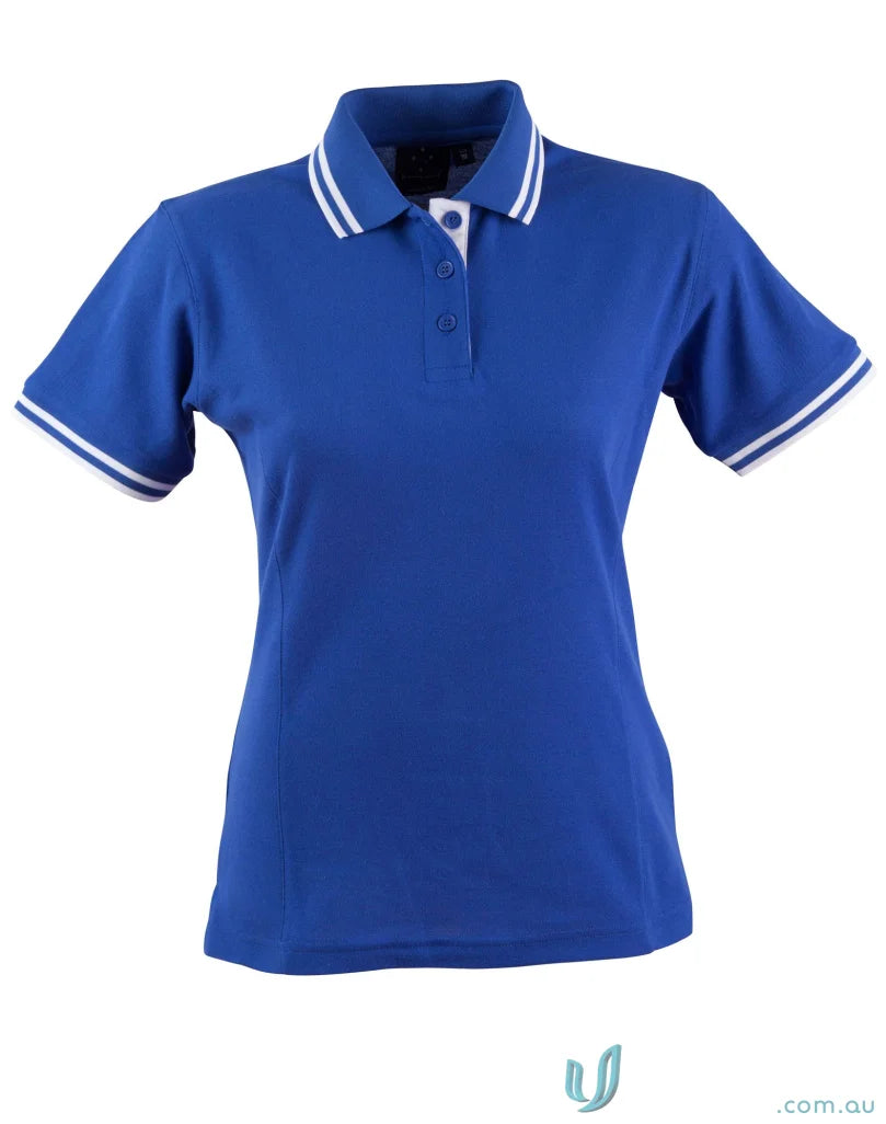 Ladies Grace Polo blue pique short sleeve polo with white trim for casual style