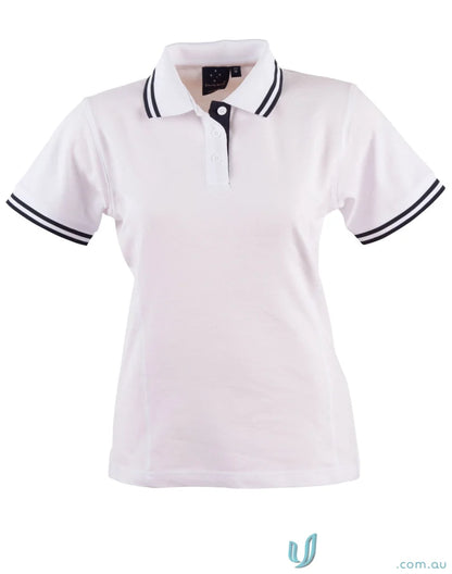 Ladies Grace Polo featuring a white pique short sleeve polo with black trim