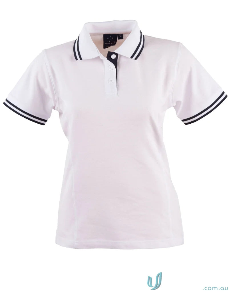 Ladies Grace Polo featuring a white pique short sleeve polo with black trim