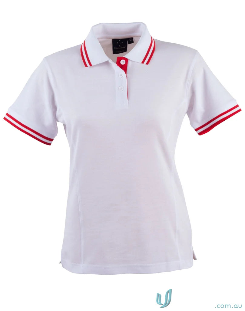 Ladies Grace Polo in truedry pique short sleeve with a white shirt and red trim