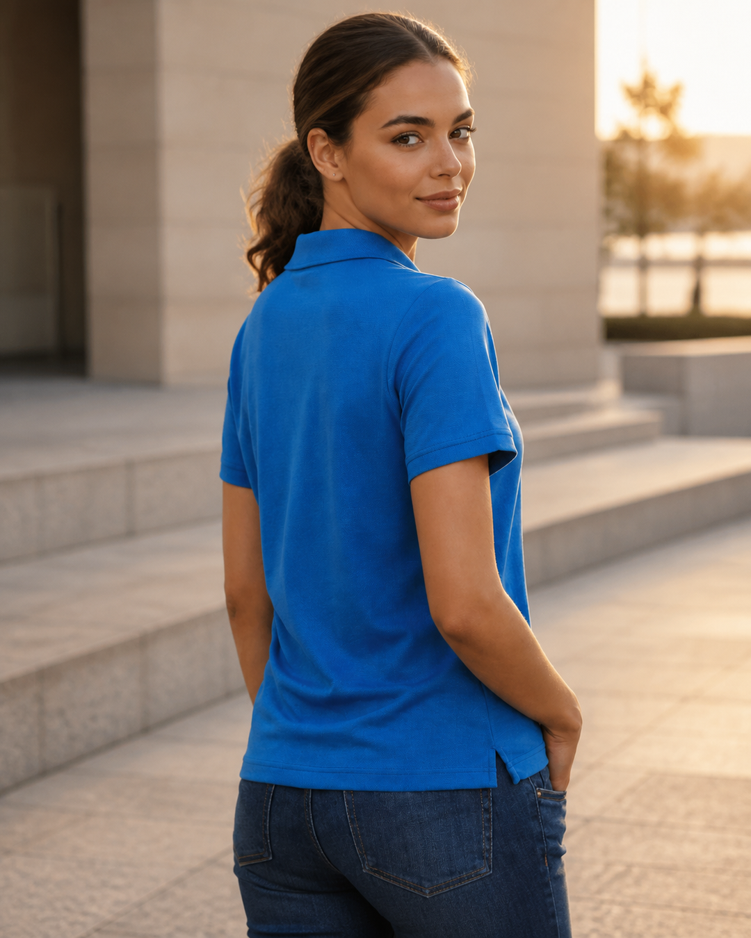 Ladies Haddon Polo on Mediterranean Australian fashion model