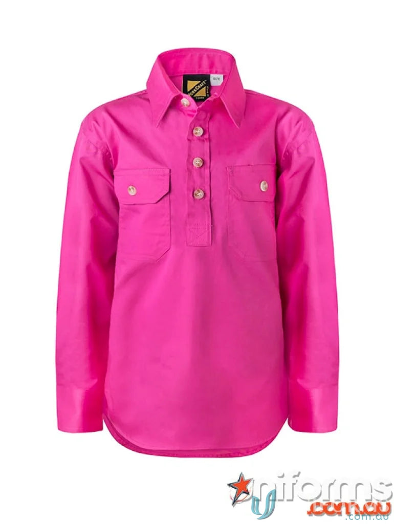 Hot pink ladies half placket work shirt with twin needle stitching from Workcraft Ladies Half