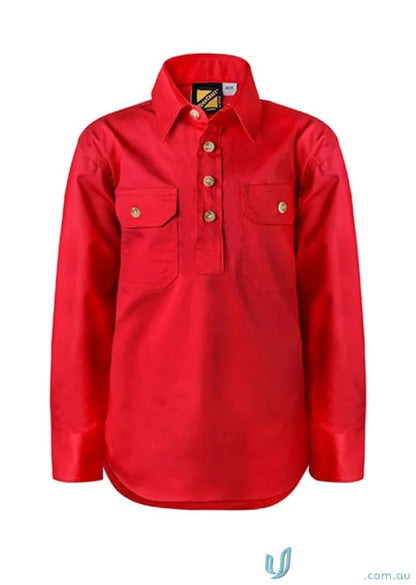 Red long-sleeved work shirt with lady-friendly half placket and twin needle stitching
