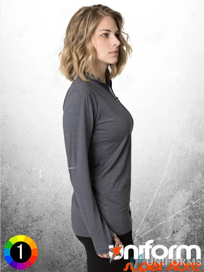 Ladies Charcoal Heather long-sleeved jogger with soft touch fabric for comfy workouts