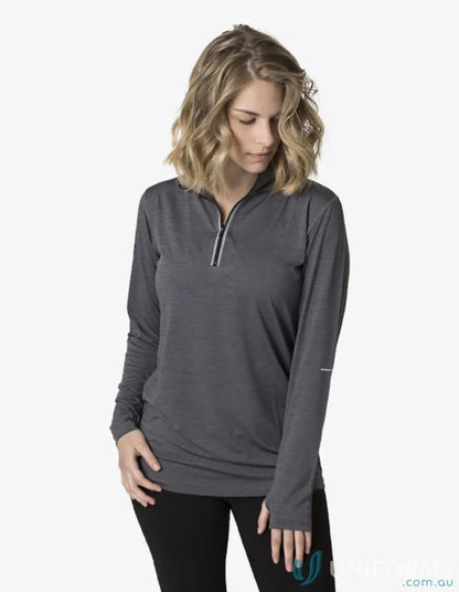 Ladies charcoal heather long-sleeved athletic jumper in soft touch fabric for ladies