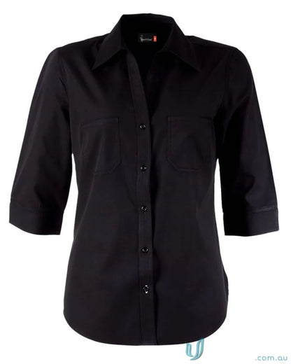 Ladies Harley black button-up workwear shirt with three-quarter sleeves and front pockets