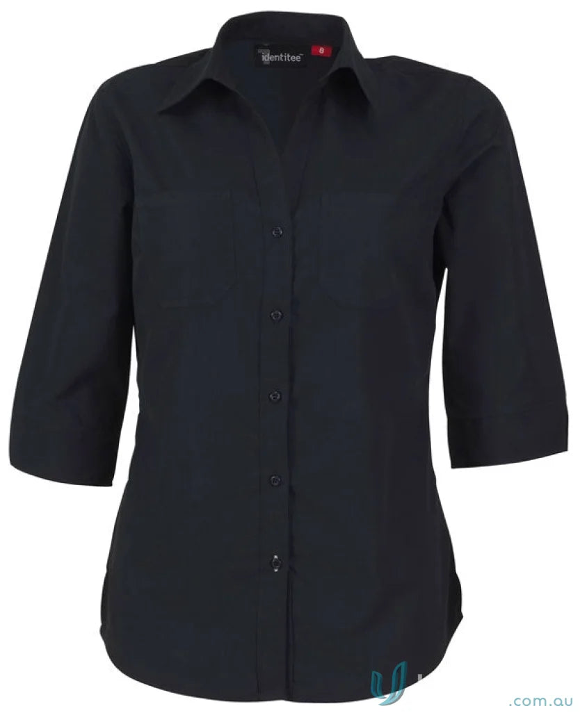 Ladies Harley black collared shirt with three-quarter sleeves perfect for workwear and uniforms