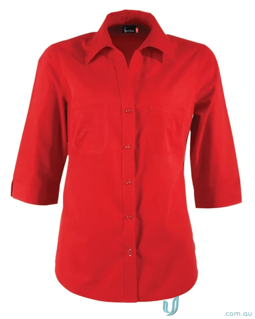 Ladies Harley vibrant red women’s button-up shirt with three-quarter sleeves and classic collar for workwear