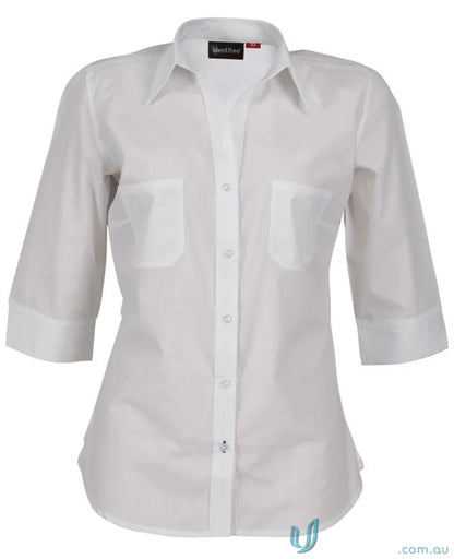 Ladies Harley long-sleeve white shirt with front pockets, perfect for workwear or uniforms