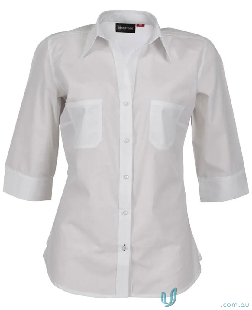 Ladies Harley long-sleeve white shirt with front pockets, perfect for workwear or uniforms