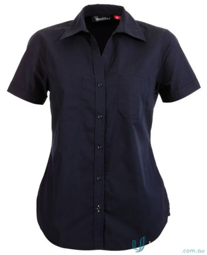 Ladies Harley navy blue short sleeve shirt with collar and button front for uniforms